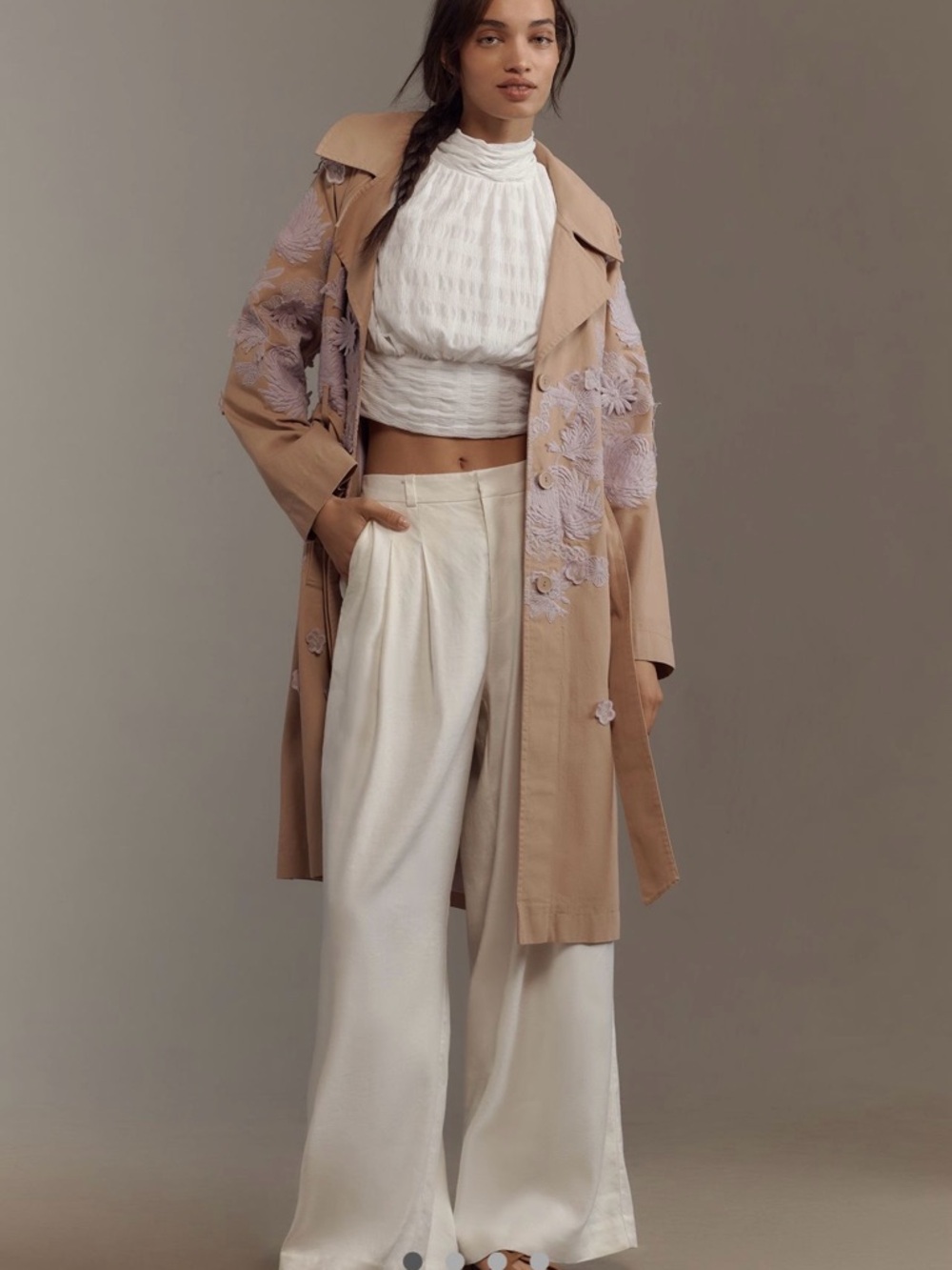 NWT Anthropologie Beige Trench Coat with Lilac Floral Appliqué - Picture 2 of 8